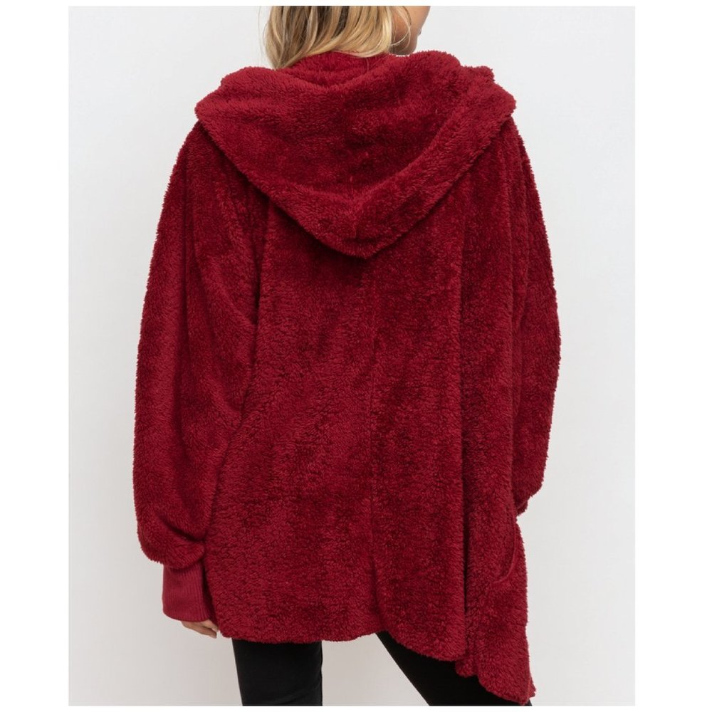 Hooded Teddy Fleece Cardigan In Merlot Red - Picture 4 of 4